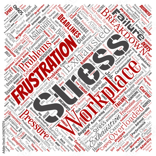 Vector conceptual mental stress at workplace or job pressure human square red word cloud isolated background. Collage of health, work, depression problem, exhaustion, breakdown, deadlines risk