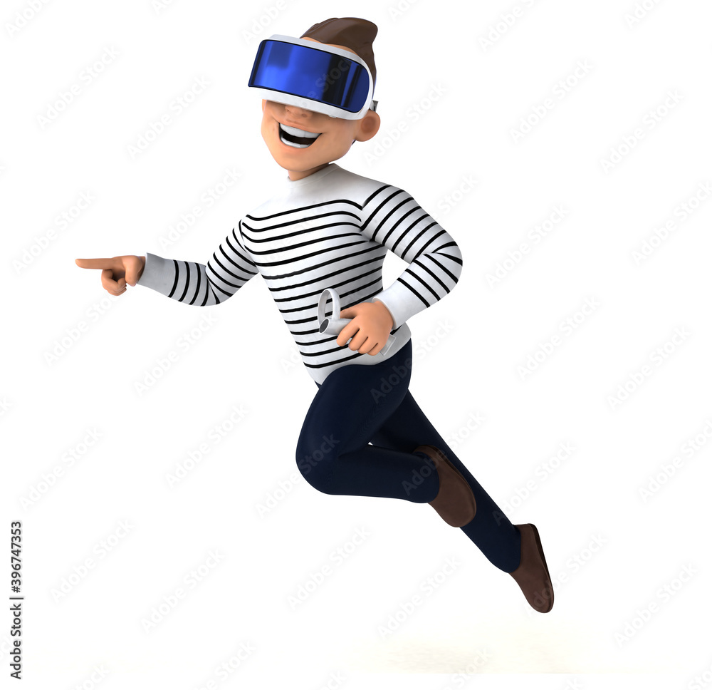 Fun 3D illustration of a cartoon man with a VR helmet