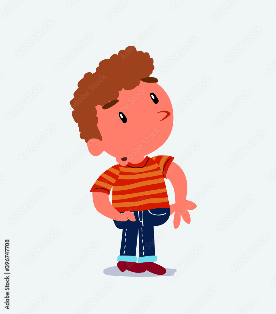 cartoon character of little boy on jeans looks with doubt and somewhat surprised cartoon character of little boy on jeans looks with doubt and somewhat surprised