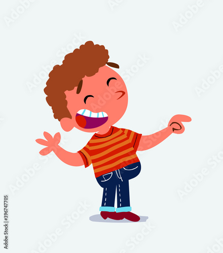 cartoon character of little boy on jeans laughing while pointing