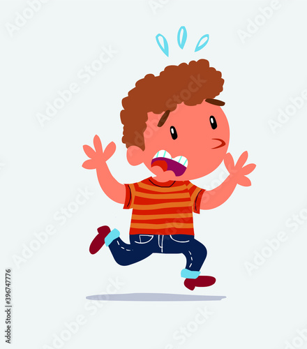 cartoon character of little boy on jeans runs away in terror