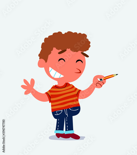 cartoon character of little boy on jeans says something funny while pointing to the side with a pencil