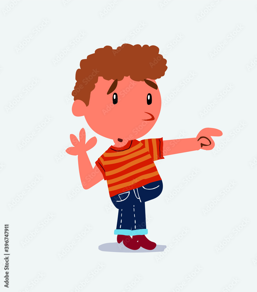 Surprised cartoon character of little boy on jeans points to something to his side