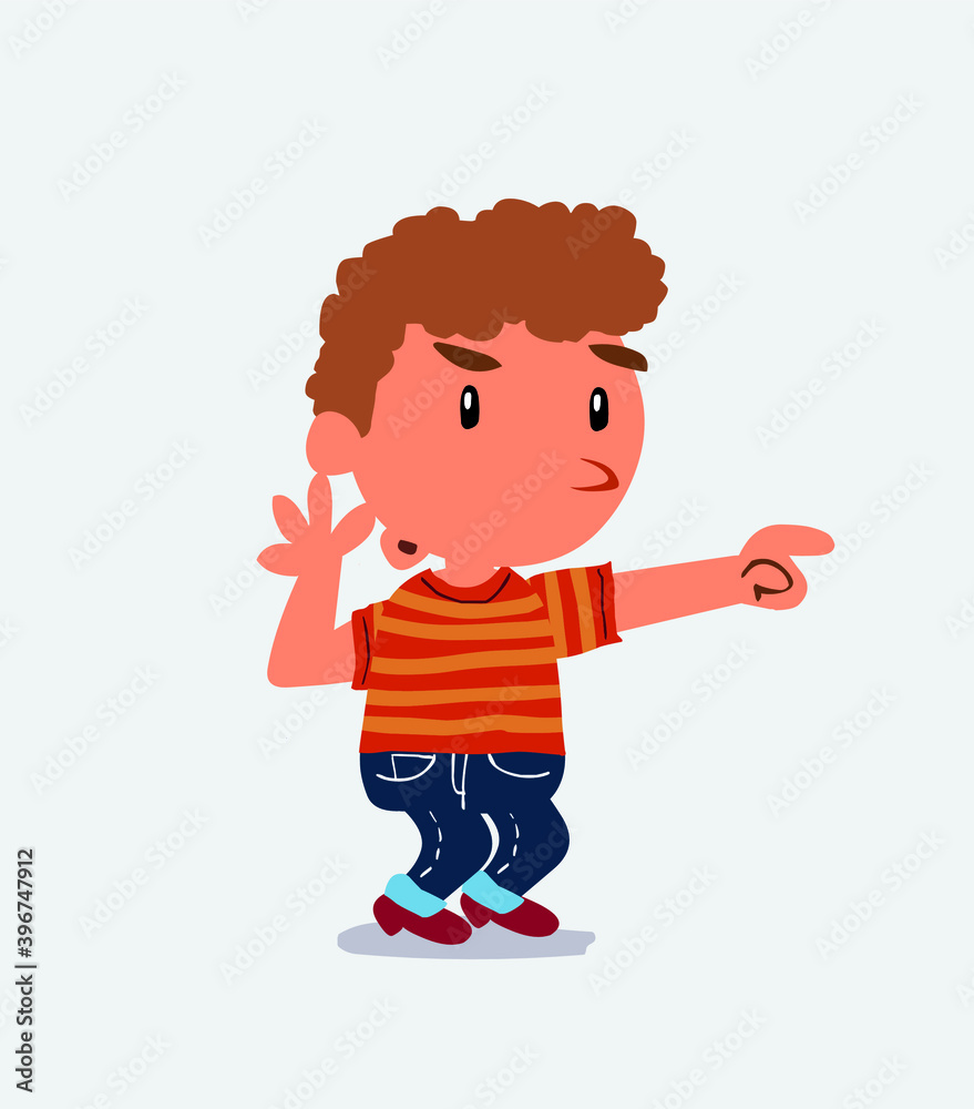 Surprised cartoon character of little boy on jeans points to something Surprised cartoon character of little boy on jeans points to something