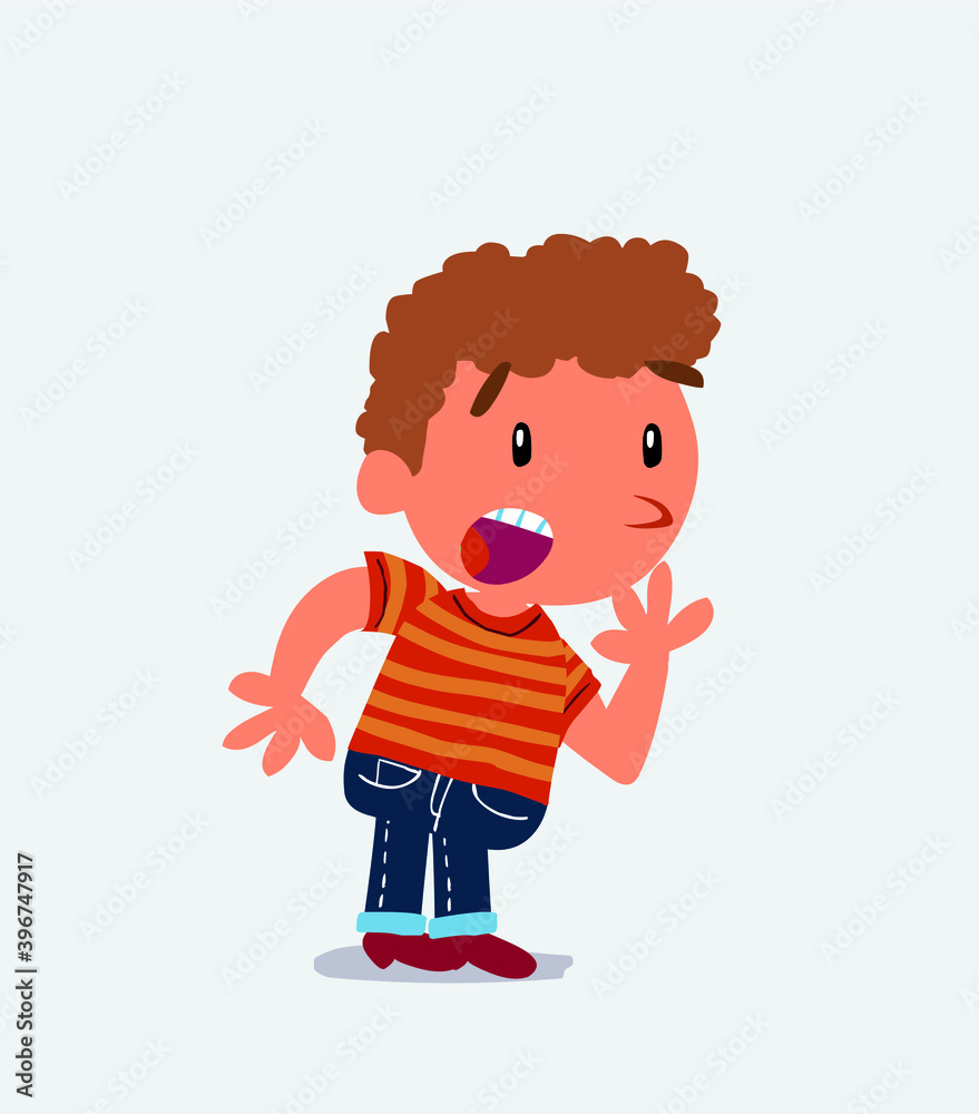 Unpleasantly surprised cartoon character of little boy on jeans looks to the side.