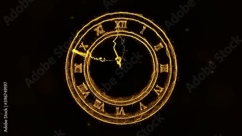 Holiday background with golden clock and shiny fireworks