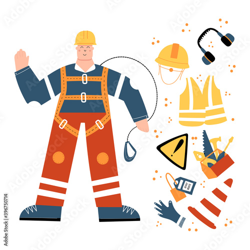 Construction or factory worker wearing hard hat, safety harness, work clothing and safety boots. Man ready to work at height. Safety equipment and PPE clipart with danger sign, tools, road cone, lock
