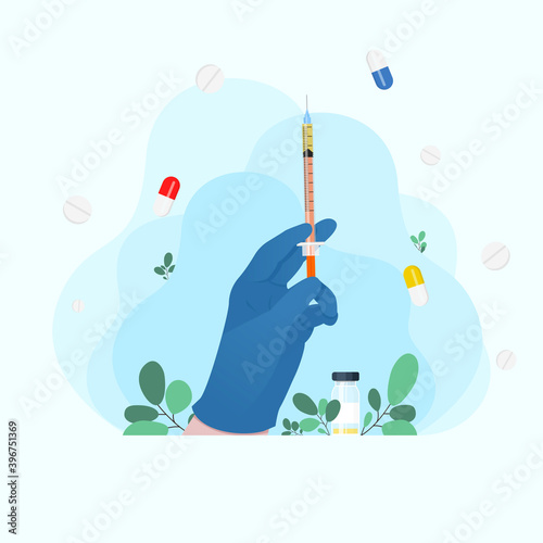 Insulin injections. Syringe in doctor hand. Ambulance doctor. Syringe in handFlu shot vaccination. Injection syringe. hand holds a syringe. Medicine healthcare concept. Medical background