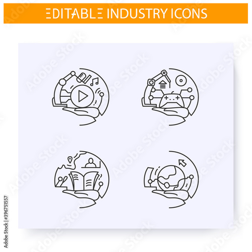 Production industries line icons set.Including music, internet, video games, and mass media.Modern technologies manufacturing. Production branches concept.Isolated vector illustrations.Editable stroke