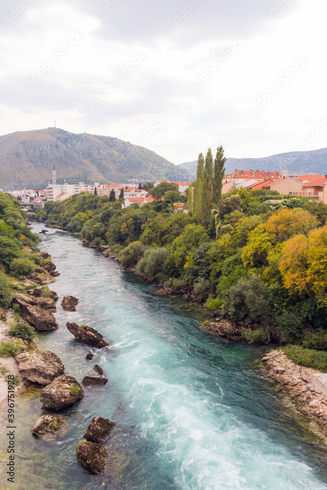Beautiful view of the river Neretva in the city of Mostar. Bosnia and Herzegovina