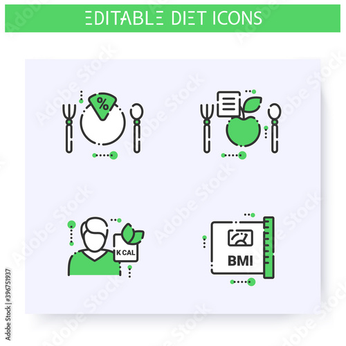 Diet line icons set. Calorie count, healthy nutrition concept. Nutritiologist. Body mass index. Serving size. Weight loss.Portion control.Healthy food. Isolated vector illustrations.Editable stroke 