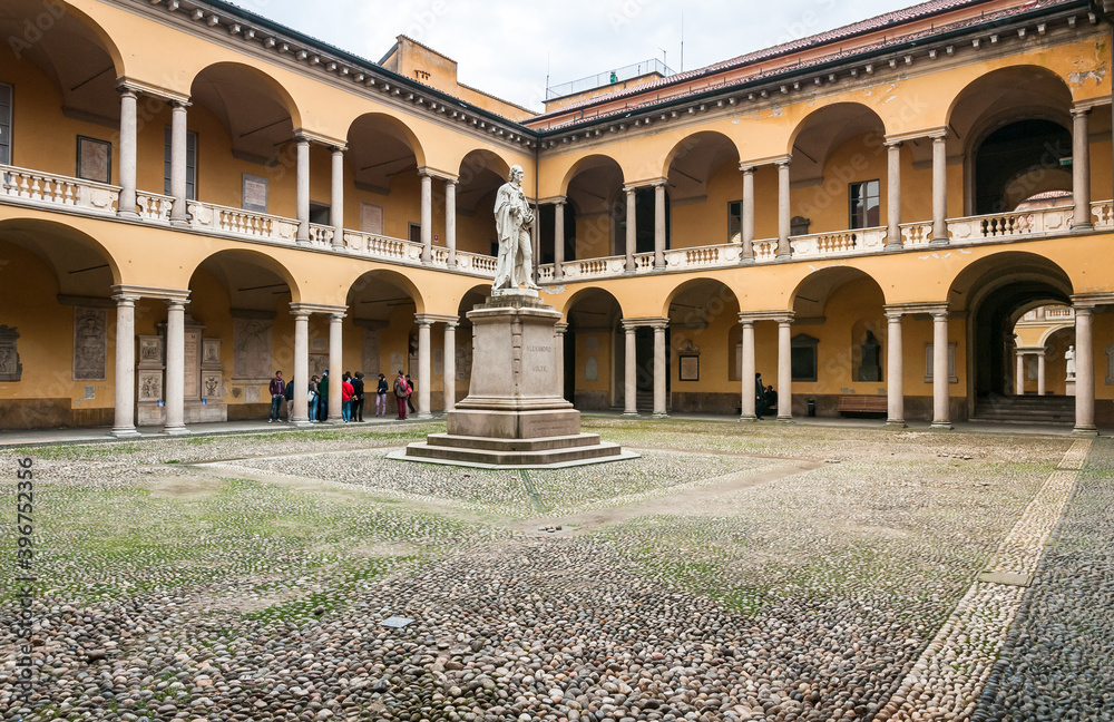 The Statue and courtyard of Alessandro Volta in the University of Pavia, Lombardy, Italy