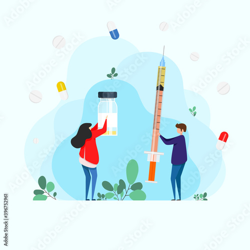 Insulin injections. Woman and man holding an injection syringe. Flu shot vaccination. Injection syringe. Medicine healthcare concept. Medical background