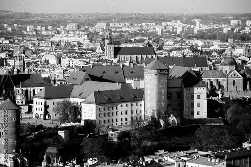 Aerial view of the Krakow in the historic city center. Black and white photo.