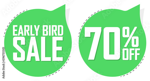 Early Bird Sale, 70% off, banners design template, discount tags, vector illustration