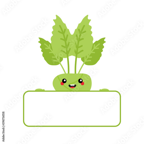 Vector cute cartoon style green kohlrabi character holding blank, empty card in hands. 