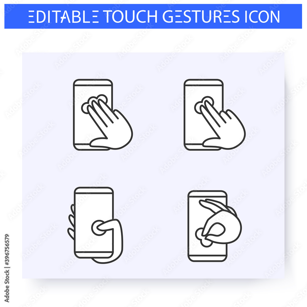 Tap hand gestures line icons set. Single and double touch, pinch, thumb touch. Multitouch gestures for smartphone use.Touchscreen,user interface concept.Isolated vector illustrations.Editable stroke Tap hand gestures line icons set. Single and double touch, pinch, thumb touch. Multitouch gestures for smartphone use.Touchscreen,user interface concept.Isolated vector illustrations.Editable stroke