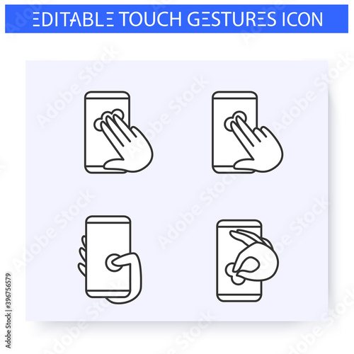 Tap hand gestures line icons set. Single and double touch, pinch, thumb touch. Multitouch gestures for smartphone use.Touchscreen,user interface concept.Isolated vector illustrations.Editable stroke 