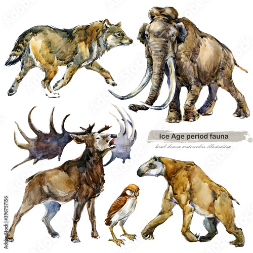 Ice Age period fauna. prehistoric animals. watercolor wild life illustration