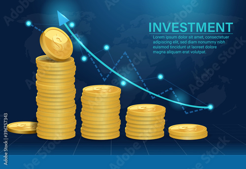 bitcoin Investment growth.Income graph and investment chart.stacking coins into increasing columns.Financial chart. Diagram of making money with coins. Graph investment, growth gold business market.