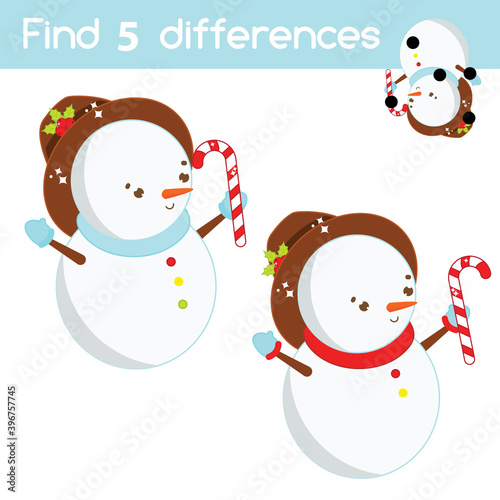 Cartoon snowman. Find the differences educational children game. Kids activity fun page. Christmas, New Year theme
