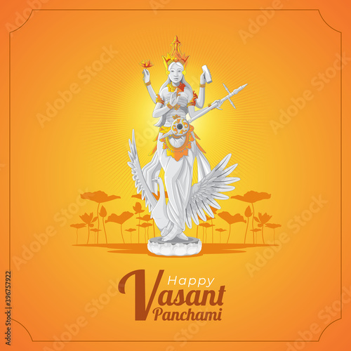 Vasant Panchami Greeting card with saraswati goddess statue