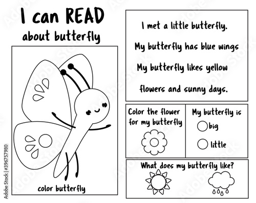 Insect theme Read and color page for kids. Educational game for children. Reading Comprehension Worksheet for pre school