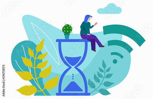 A person uses a smartphone and spends time. Timeout. Break. flat vector horizontal banner. flat vector illustration.  