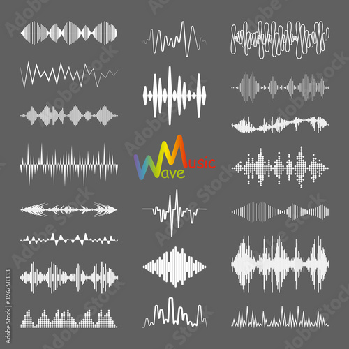 White sound waves logo collection with audio symbols. Modern music equalizer elements set. Digital flat isolated illustration. Vector waveform technology