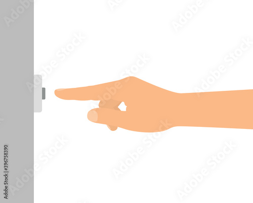Flat design illustration of male or female hand. The index finger presses the doorbell button on the wall. Isolated on white background, vector