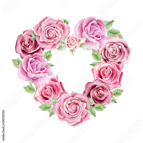 Watercolor roses frame. Flower composition for Saint Valentine day.Heart shape border