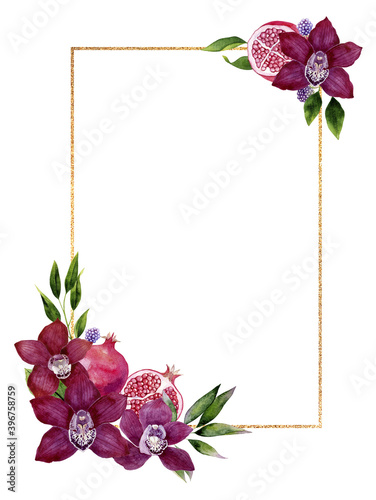 Maroon watercolor floral fruit frame purple .orchids and pomegranate isolated on white background.