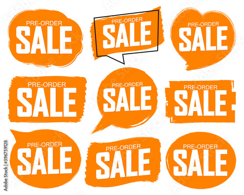 Set Pre-Order Sale banners design template, discount tags, brush grunge, vector illustration