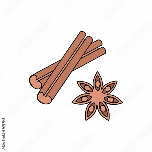 Sticks and a cinnamon star isolated on a white background. Vector illustration in Doodle style. Spices for baking and coffee.