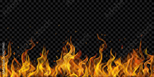 Translucent fire flames and sparks with horizontal repetition on transparent background. For used on dark illustrations. Transparency only in vector format