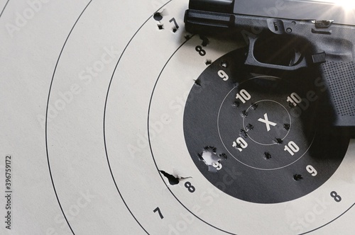 Goal setting with target, objectives and planning concept, top view, You can make a great target of business like a bullet target, gun and bullet holes on paper target