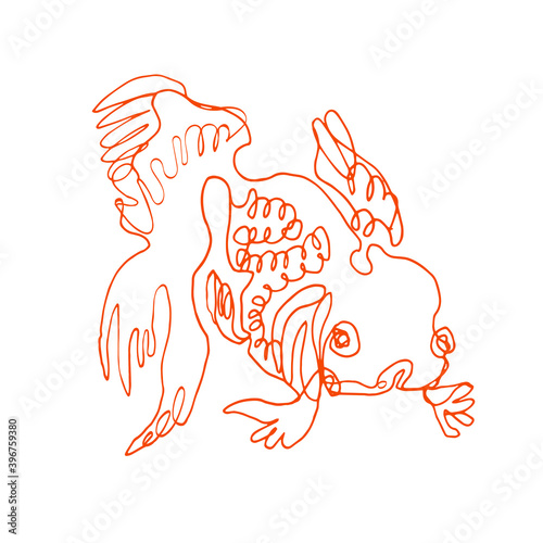 Cute goldfish in doodle style drawn by hand of single line isolated on white background. Cartoon design element outline sketch for baby printing, packaging, wrapping paper, wallpaper childens goods. photo