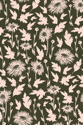 Seamless pattern with silhouette of Chrysanthemum flowers in full bloom. Freehand floral ornate spotted vector in two colors on khaki. Hand drawn floral elements for textile, fabric, wallpaper.