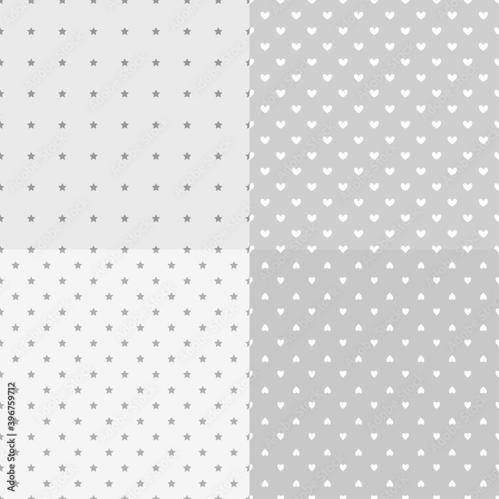 Set of backgrounds with stars and hearts. Seamless pattern. Textures for banner, flyer or poster. Black and white illustration