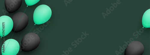 Black and green balloons with threads on dark green background.