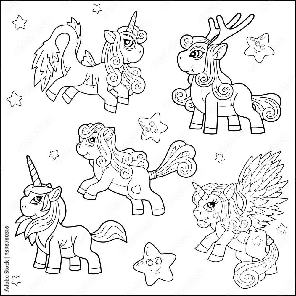 cartoon funny ponies, coloring book, set of images cartoon funny ponies, coloring book, set of images