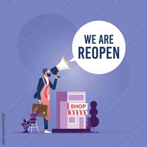 Reopen business to normal operation after COVID-19 Coronavirus lockdown concept, Shop owner wearing face mask holding megaphone and word Reopen at store front with virus pathogen