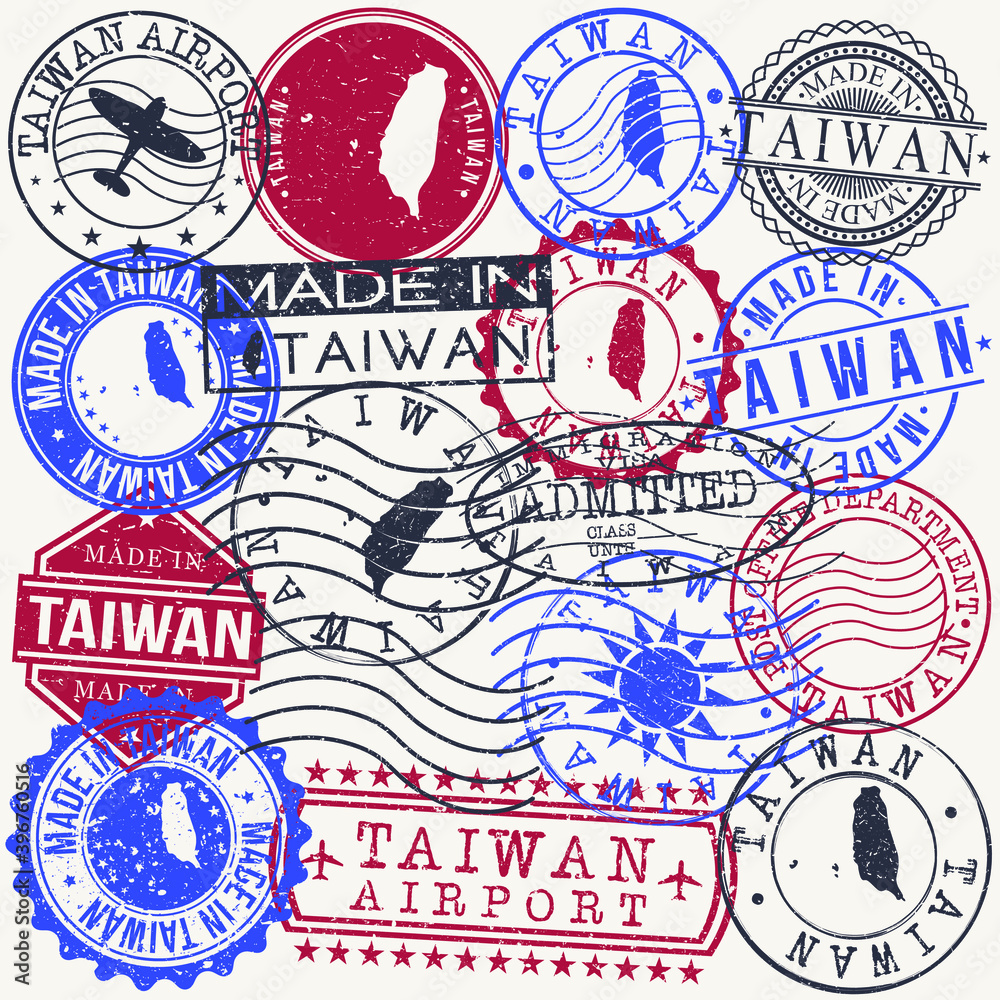 Taiwan Set of Stamps. Travel Passport Stamp. Made In Product. Design Seals Old Style Insignia. Icon Clip Art Vector. Taiwan Set of Stamps. Travel Passport Stamp. Made In Product. Design Seals Old Style Insignia. Icon Clip Art Vector.