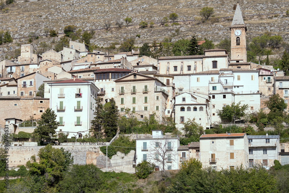 old houses and San Nicola church bell tower, Calascio, Abruzzo, Italy