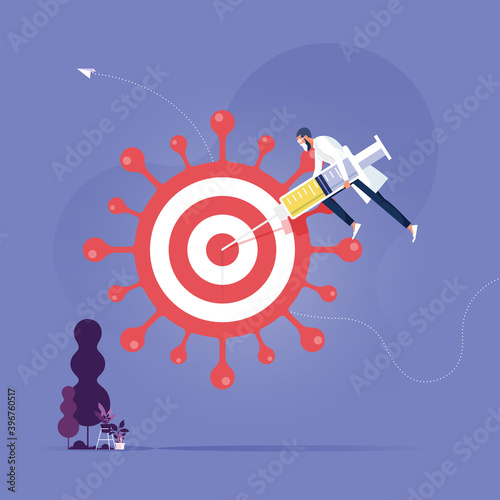 Vector illustration of COVID-19 vaccine discovery success concept, Doctor or medical research staff shooting vaccine syringe as arrow hitting bullseye target