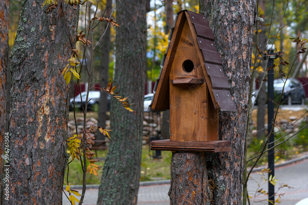 Brown wooden birdhouse with gabled roof on a tree in the park. A house for the birds. Bird feeder.