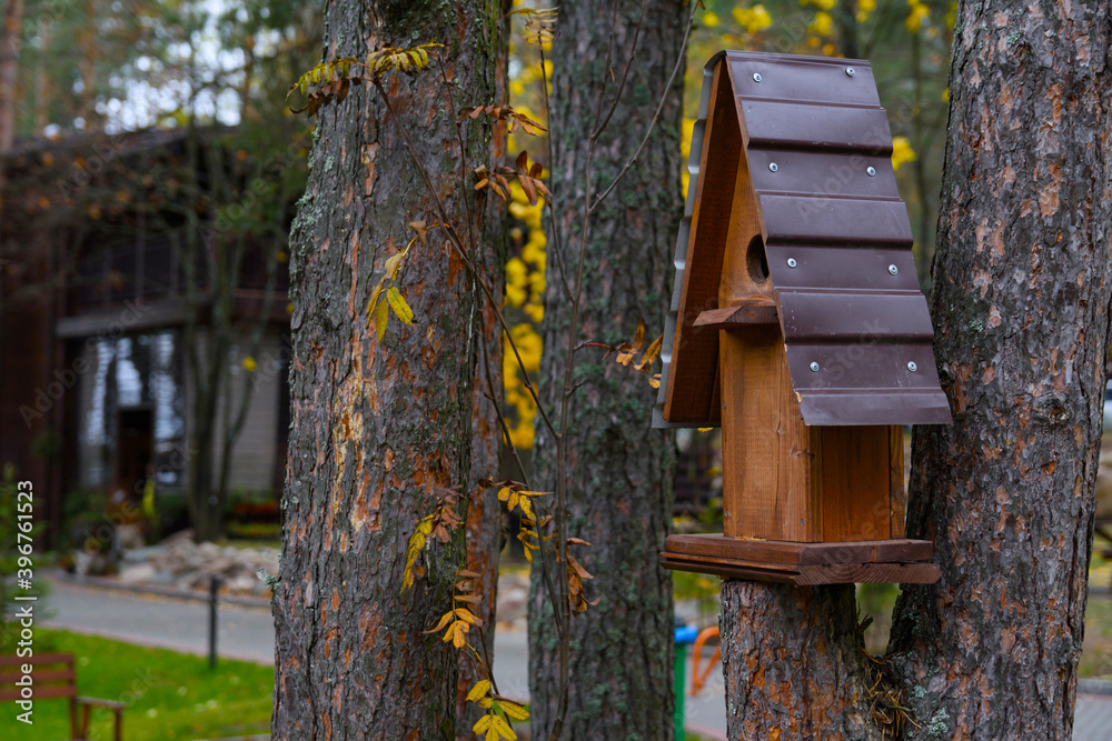 Brown wooden birdhouse with gabled roof on a tree in the park. A house for the birds. Bird feeder.