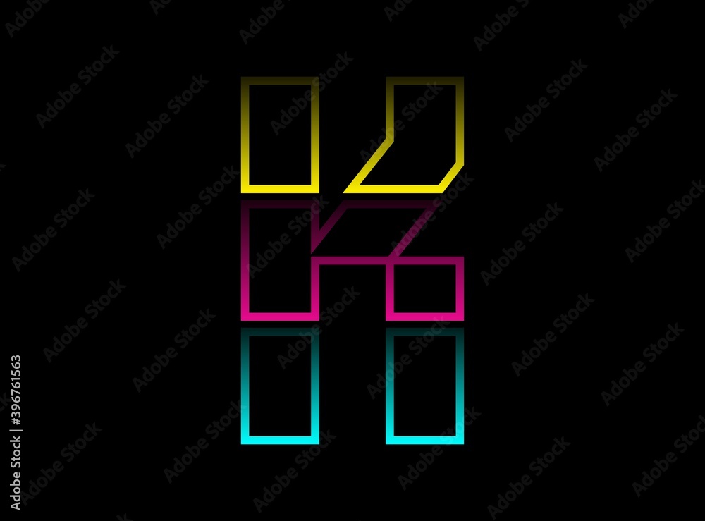 K letter vector desing, Cmyk color font logo. Dynamic split blue, pink, yellow color on black background. For social media,design elements, creative poster, web template and more