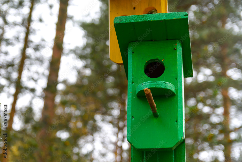 Green wooden birdhouse on a tree in the park. Bird feeder. A house for the birds. Selective focus. Copy space Green wooden birdhouse on a tree in the park. Bird feeder. A house for the birds. Selective focus. Copy space