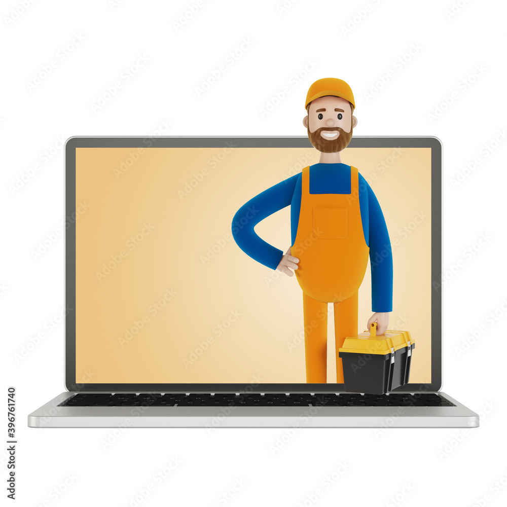 Laptop screen with wizard. Husband for an hour. An electrician, plumber, carpenter calls the foreman to work. 3D illustration in cartoon style. Laptop screen with wizard. Husband for an hour. An electrician, plumber, carpenter calls the foreman to work. 3D illustration in cartoon style.